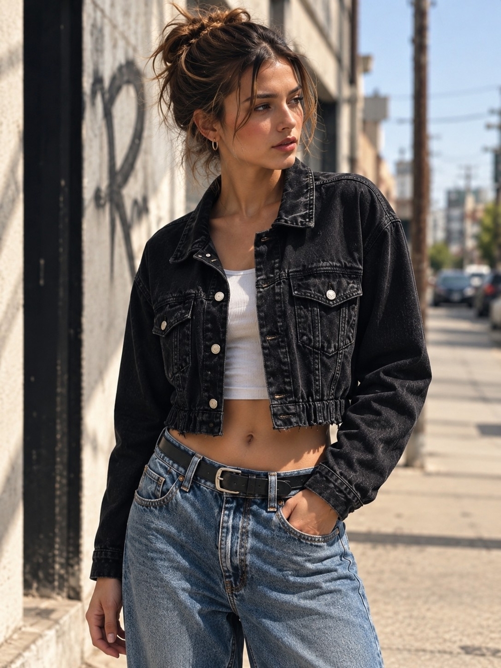 Mono B Black Acid Wash Cropped Denim Jacket Elastic Hem Size M 90s